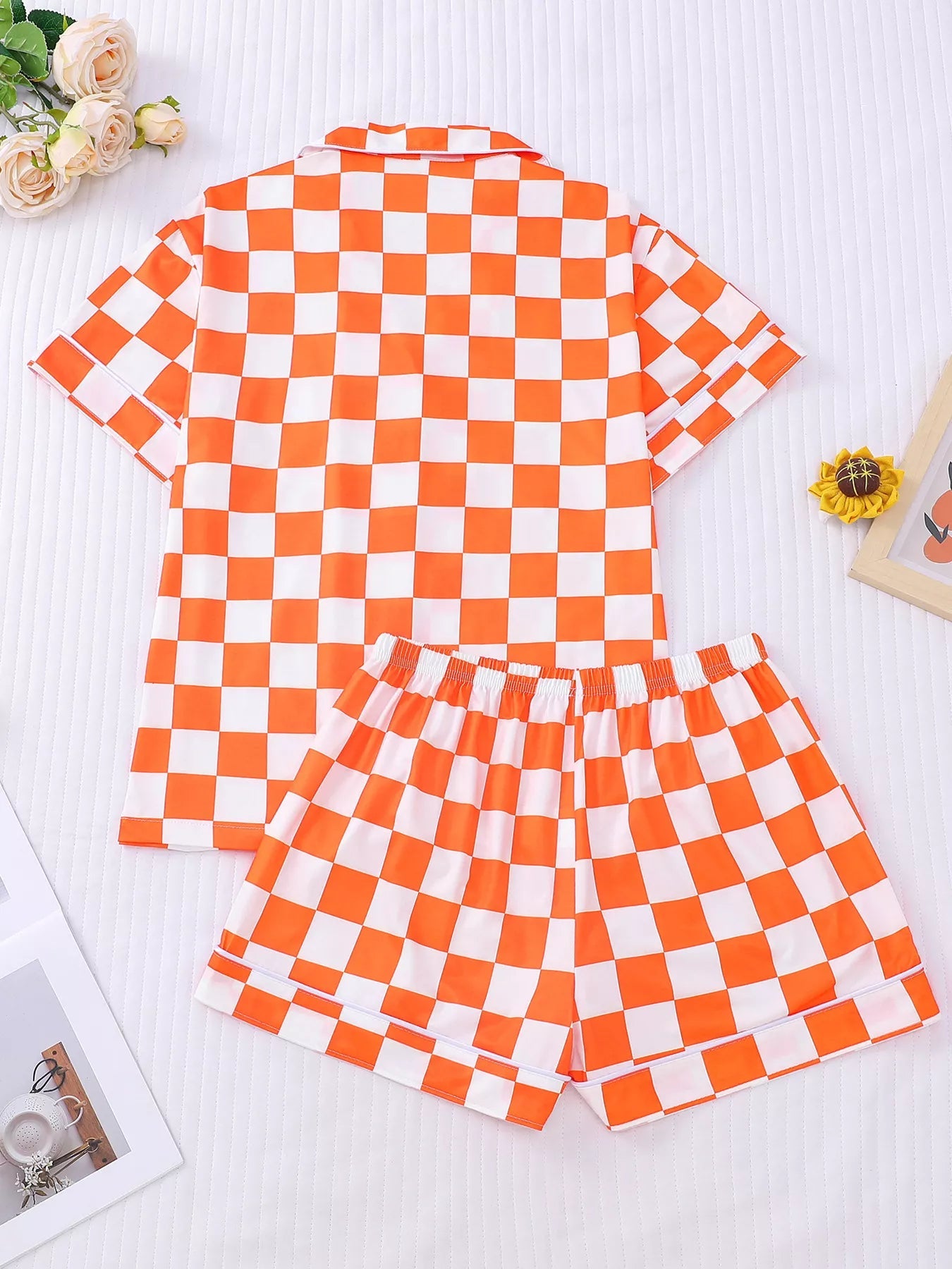 Checkered Print Button Up Top and Shorts Lounge Set  DAME BOHEME