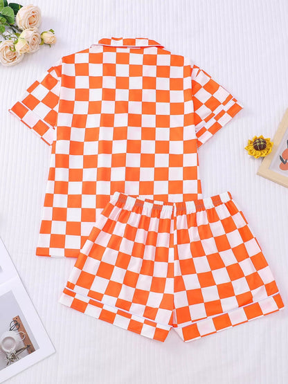 Checkered Print Button Up Top and Shorts Lounge Set  DAME BOHEME