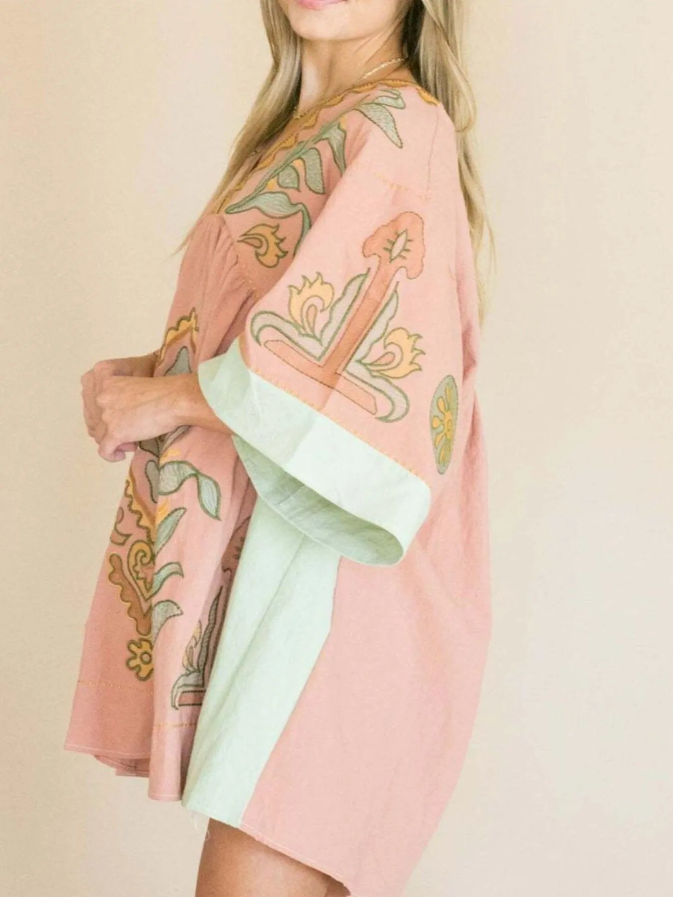 Printed V-Neck Kimono Sleeve Mini Dress Trendsi