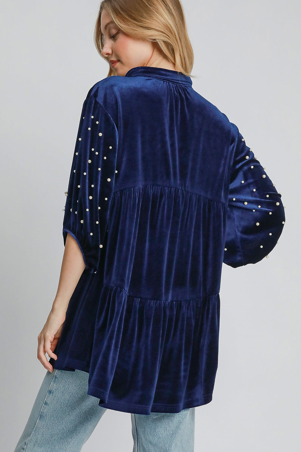 Umgee Pearl Detail Collared Neck Velvet Babydoll Blouse Trendsi