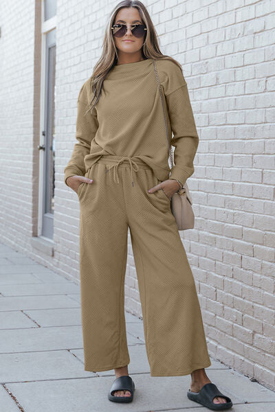 Double Take Full Size Textured Long Sleeve Top and Drawstring Pants Set  DAME BOHEME