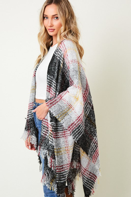 Multi-Color Plaid Asymmetrical Fringe Trim Poncho Shawl