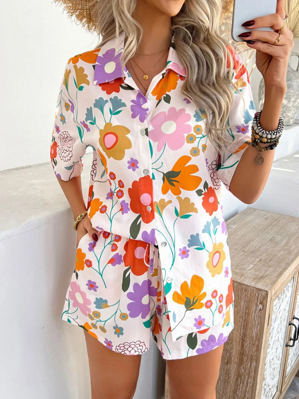 Devine Tropical Print Button-Down Shirt and Shorts Set Trendsi