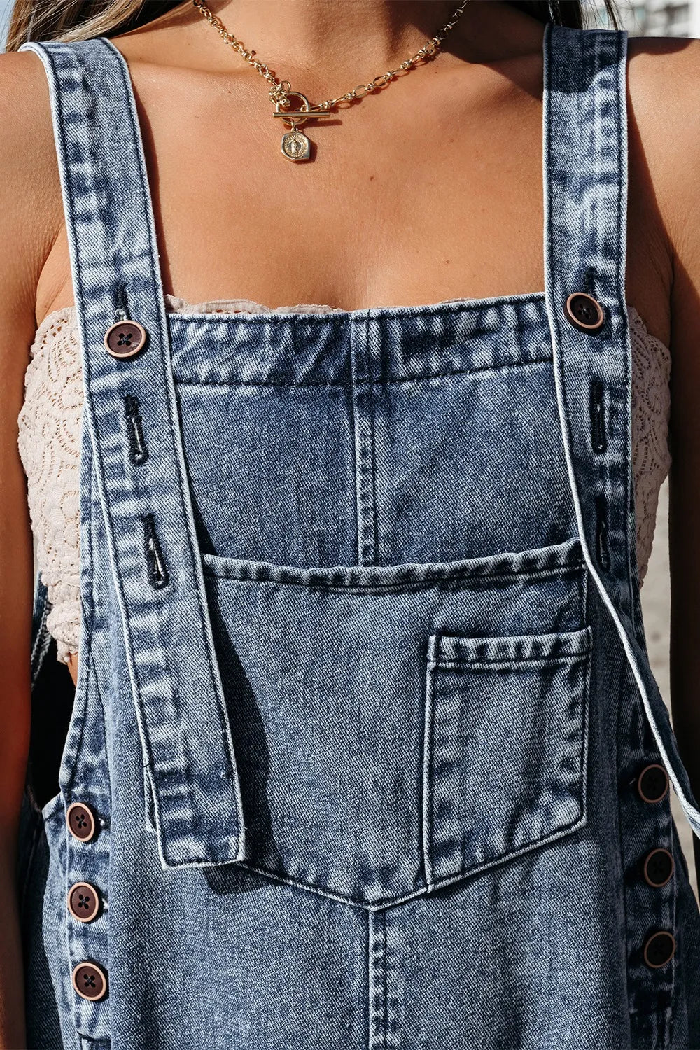 Distressed Bib Pocket Wide Leg Denim Overalls  DAME BOHEME
