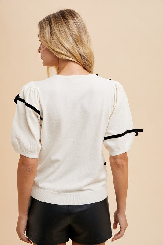 Contrast Striped Bow Round Neck Knit Top Trendsi