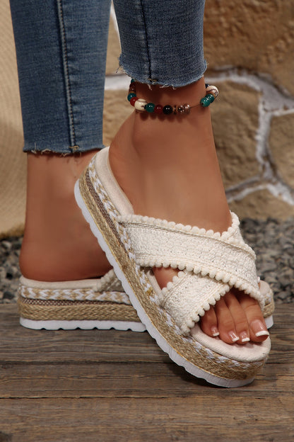 White Pompom Knit Platform Slide Slippers  DAME BOHEME