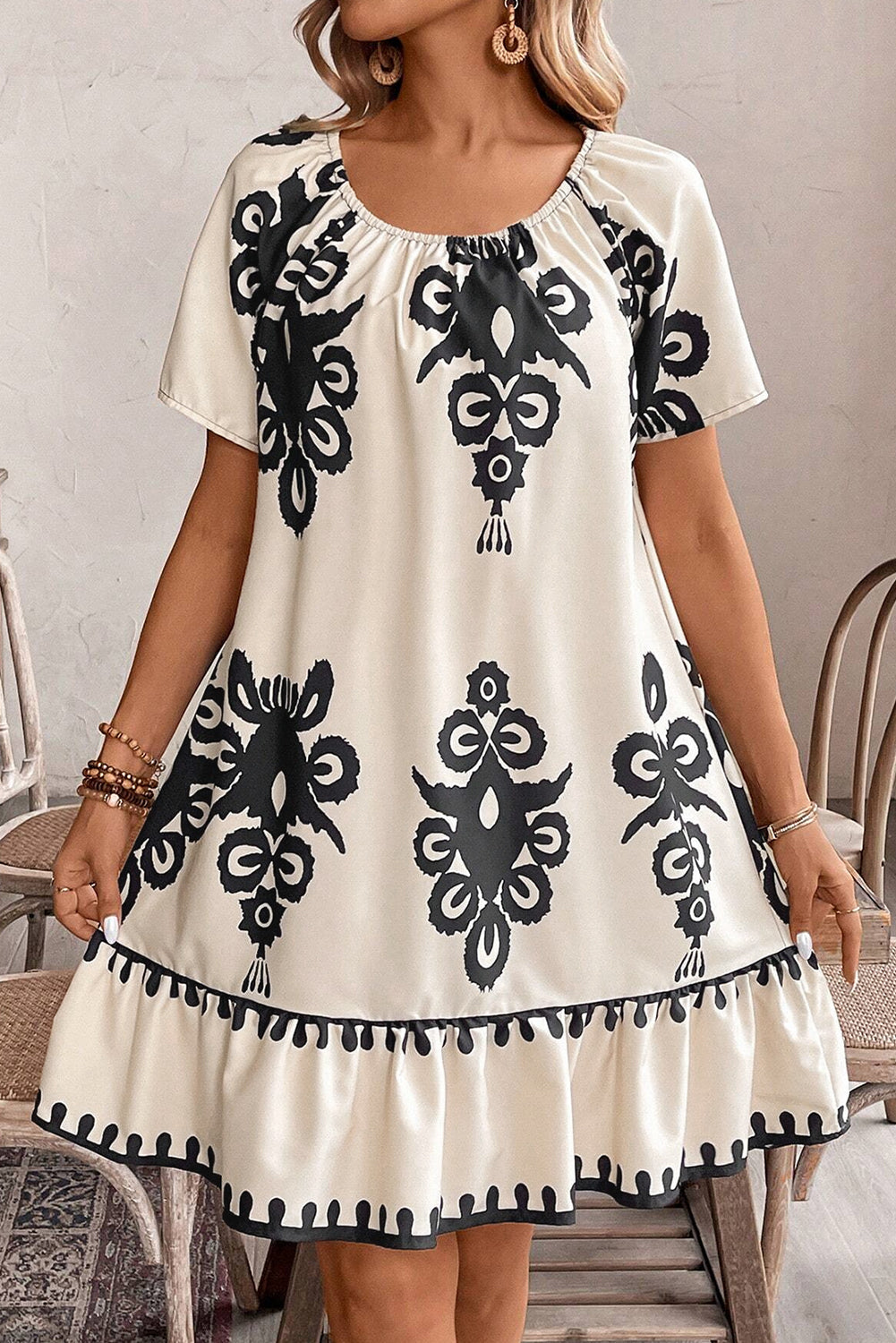 Apricot Ethnic Print Ruffle Hem Loose Mini Dress  DAME BOHEME