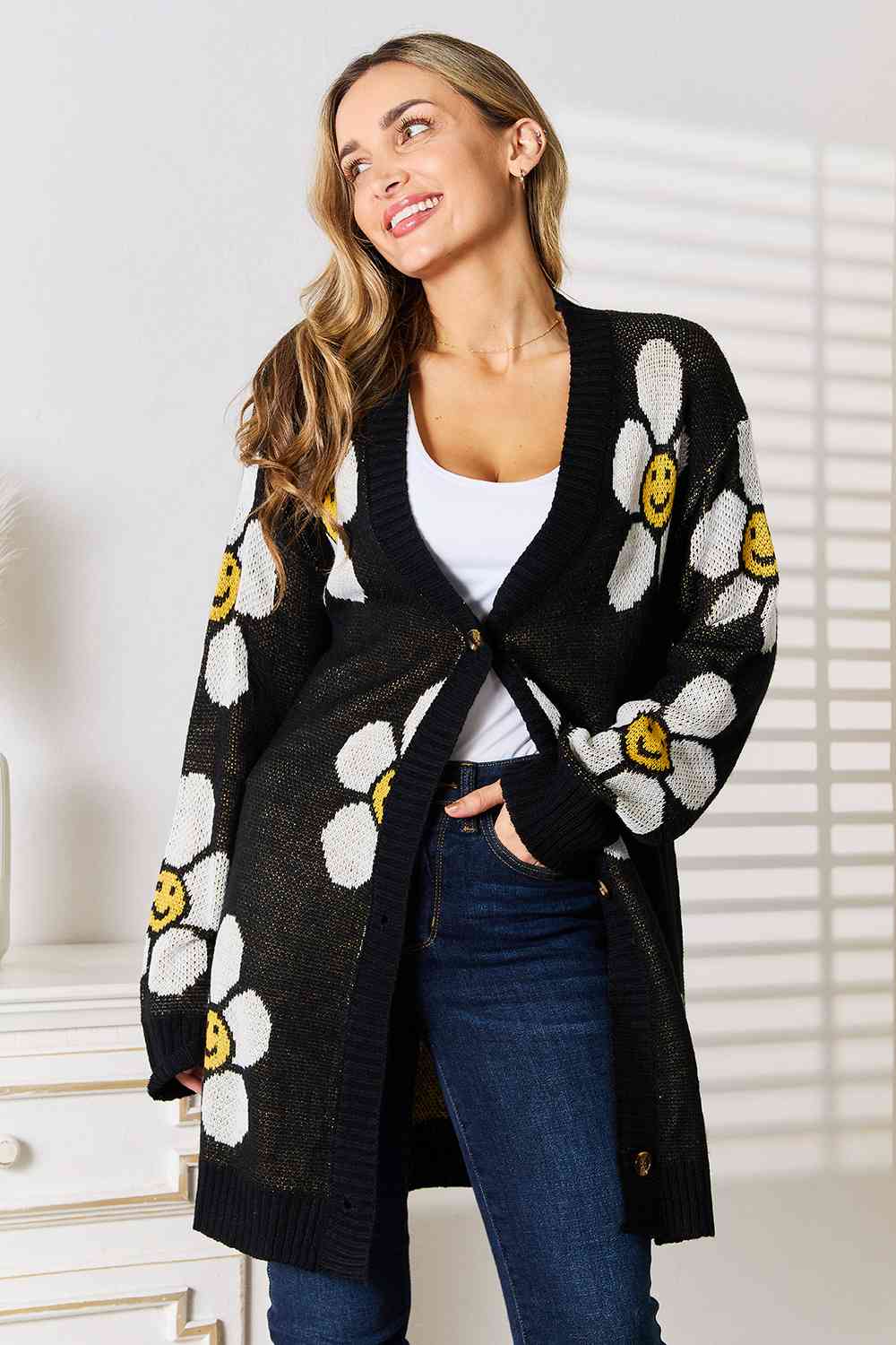Double Take Floral Button Down Longline Cardigan  DAME BOHEME
