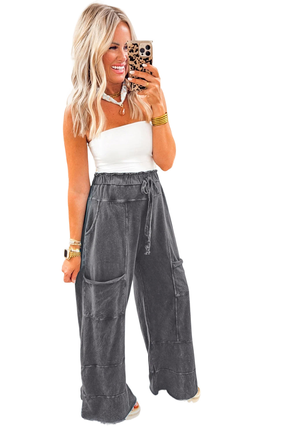 Mineral Wash Knot High Waist Raw Hem Pants  DAME BOHEME