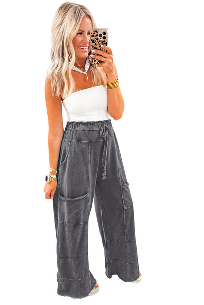 Mineral Wash Knot High Waist Raw Hem Pants  DAME BOHEME