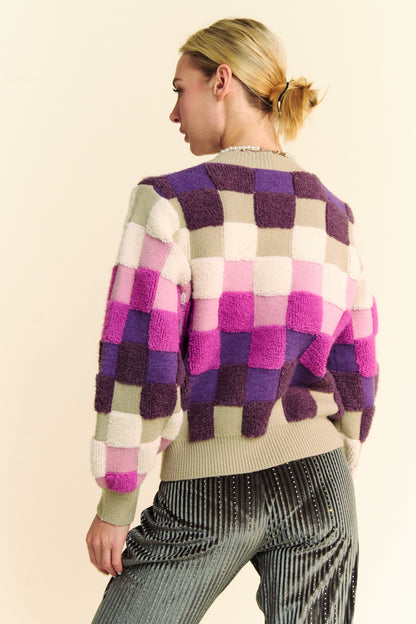 Davi & Dani Checkered Round Neck Long Sleeve Sweater Trendsi