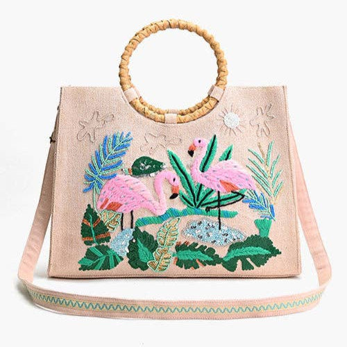 Tropical Pink Flamenco Embellished Tote – Artisanal Elegance  DAME BOHEME