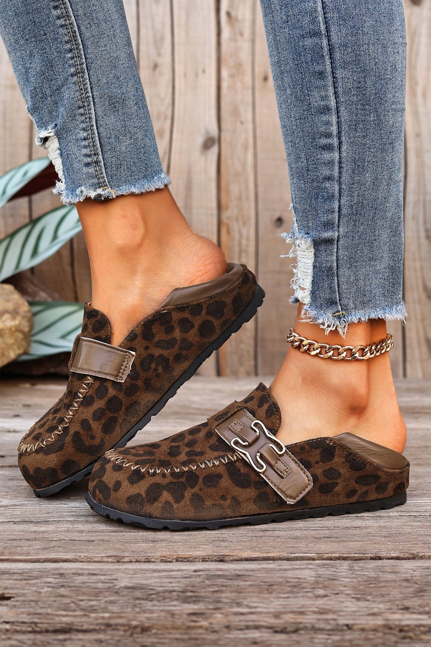 Coffee Faux Suede PU Leather Patchwork Retro Buckle Slip On Shoes  DAME BOHEME