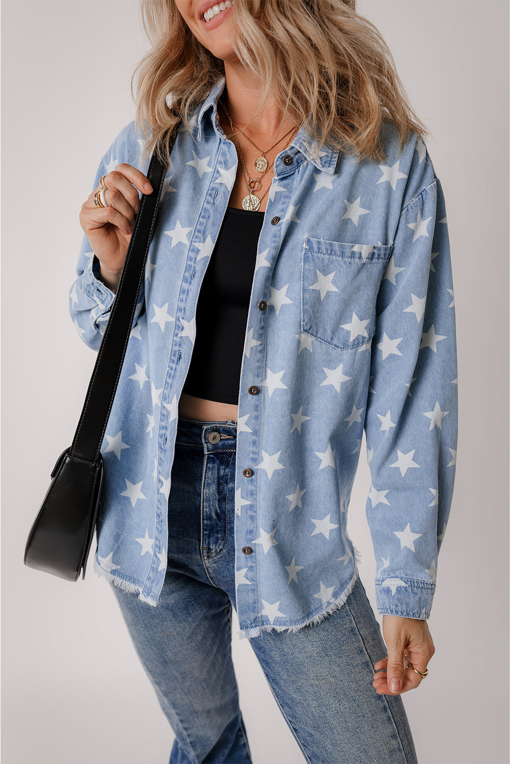 Star Light Wash Raw Hem Denim Jacket  DAME BOHEME