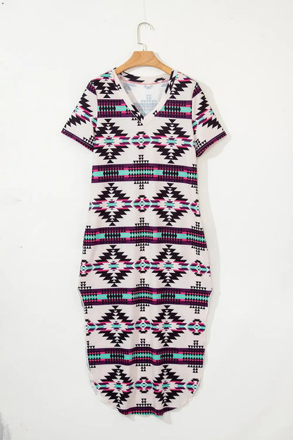 Aztec Print V-Neck Midi Dress Trendsi