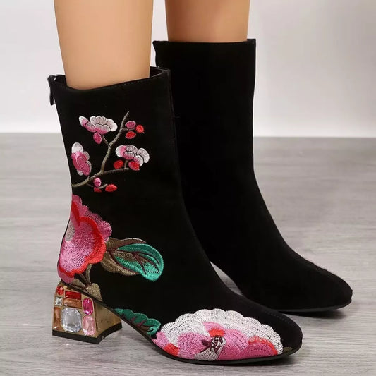 Floral Embroidered Rhinestone Block Heel Boots  DAME BOHEME