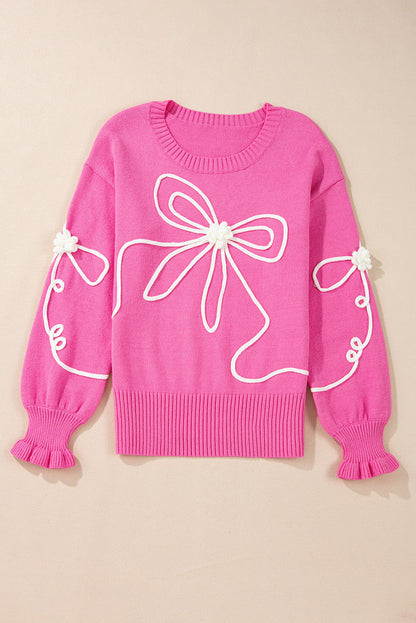 Corded Flower Bow Ribbed Trim Casual Sweater  DAME BOHEME