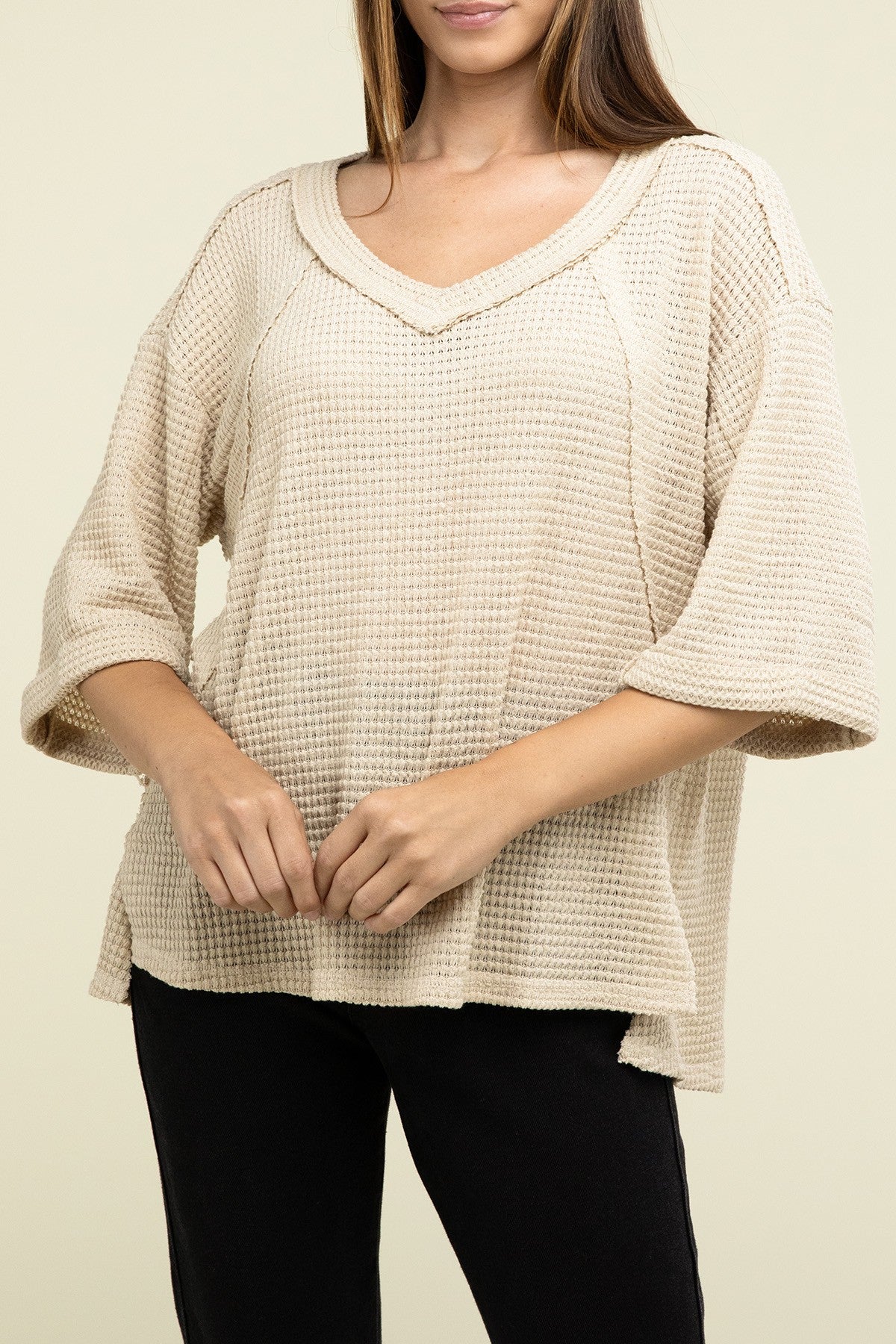 Brushed Waffle Exposed-Seam 3/4 Rolled Sleeve Top