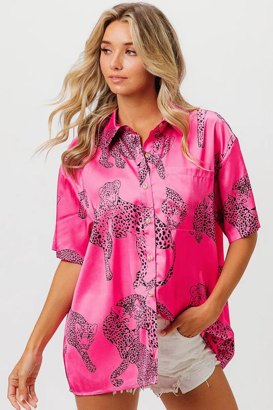 BiBi Leopard Print Short Sleeve Silky Satin Shirt Trendsi
