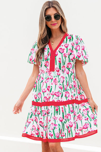 Pink Floral Print Contrast Trim V Neck Bubble Short Sleeve Babydoll Dress  DAME BOHEME