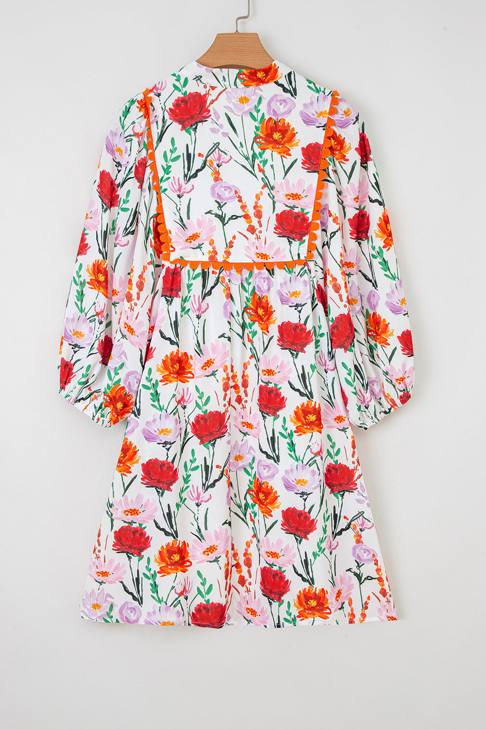 Beige Floral Print 3/4 Puff Sleeve Ricrac Trim Mini Dress  DAME BOHEME