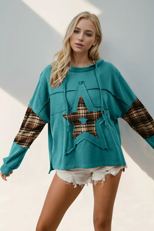 Double Take Drawstring Plaid Star Patch Long Sleeve Hoodie  DAME BOHEME
