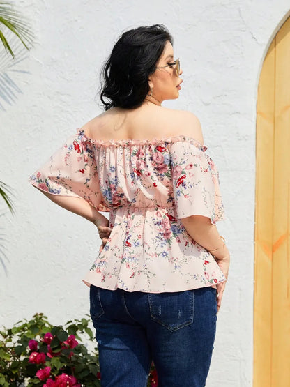Plus Size Frill Floral Printed Flutter Sleeve Blouse Trendsi