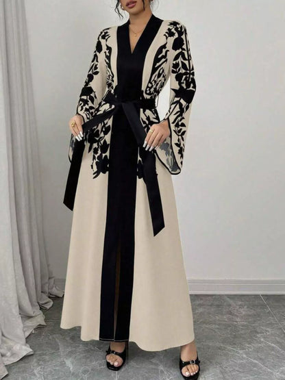 Printed Tie Waist Elegant Maxi Dress