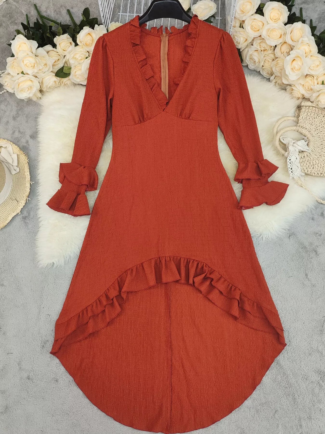 Ruffled High-Low Long Sleeve Dress  DAME BOHEME