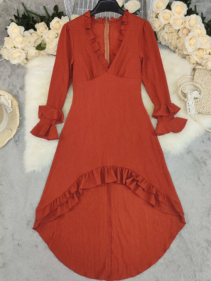 Ruffled High-Low Long Sleeve Dress  DAME BOHEME