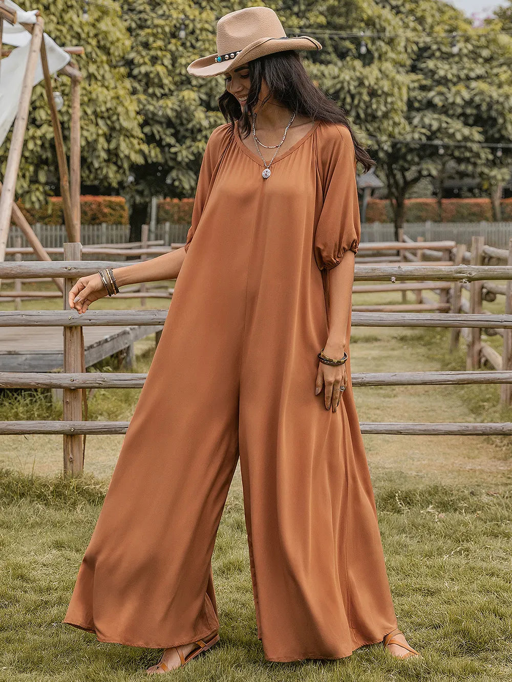 Scoop Neck Half Sleeve Wide Leg Jumpsuit Trendsi