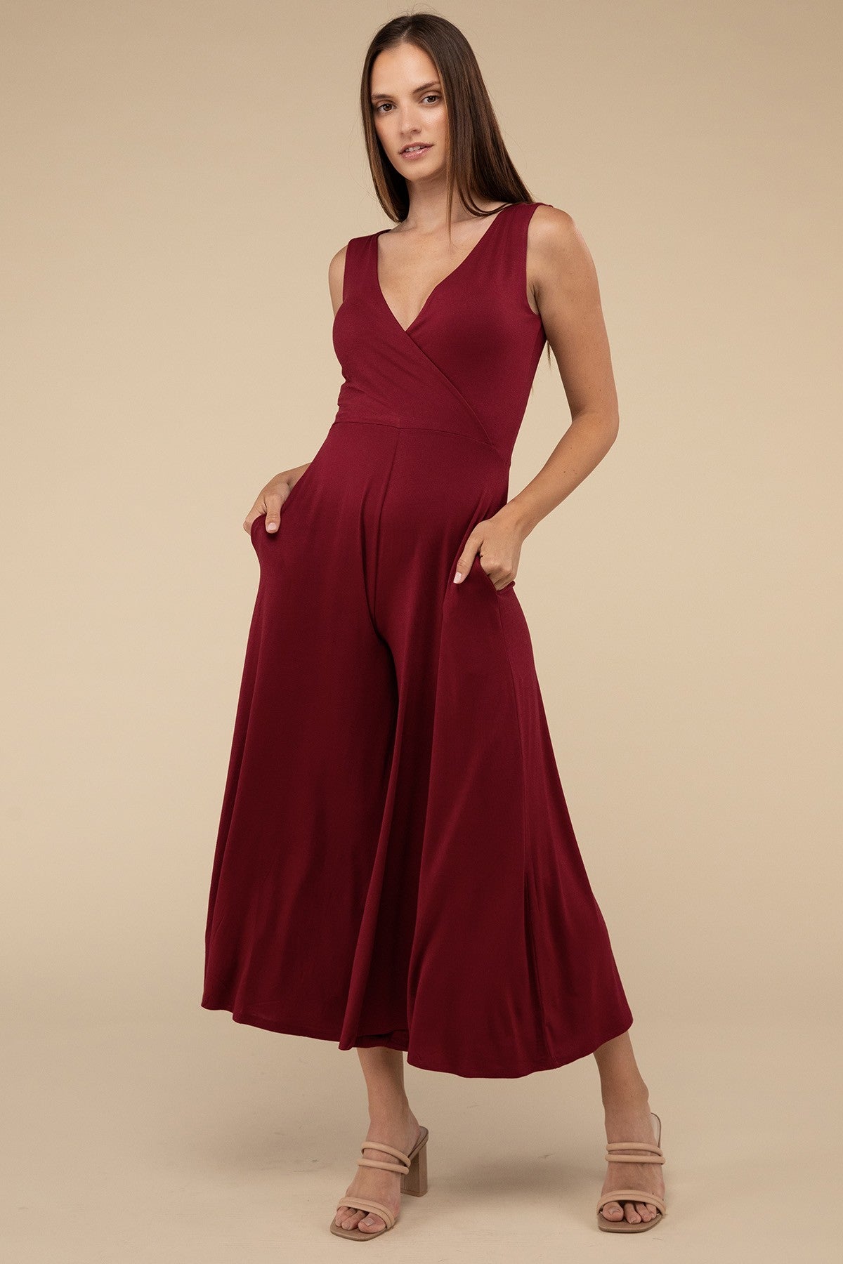 Surplice Neckline Sleeveless Midi Flared Jumpsuit ZENANA