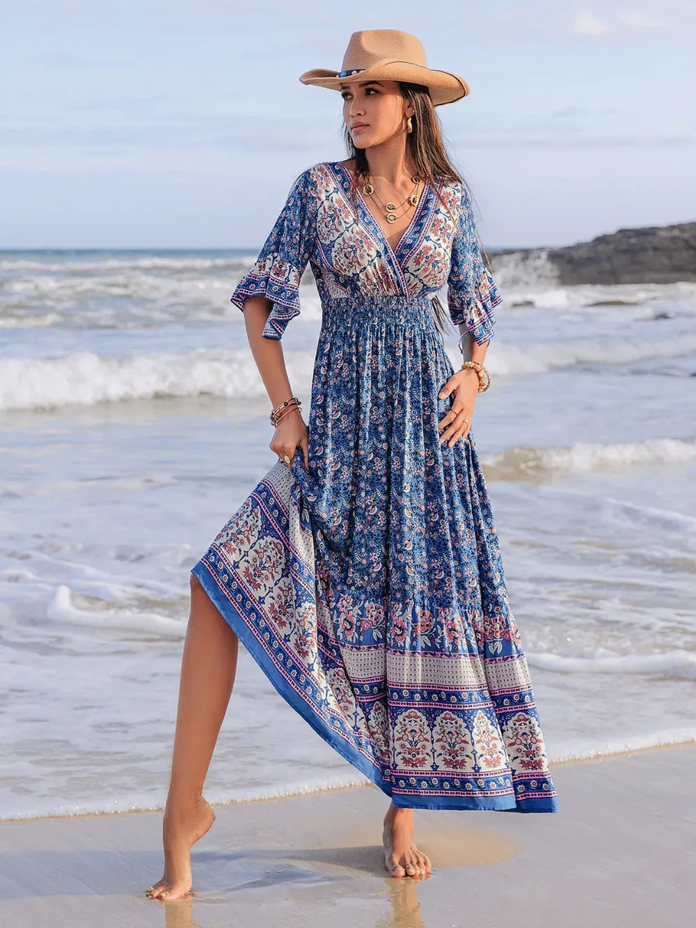 Bohemian Ruched Printed Flounce Sleeve Midi Dress Trendsi