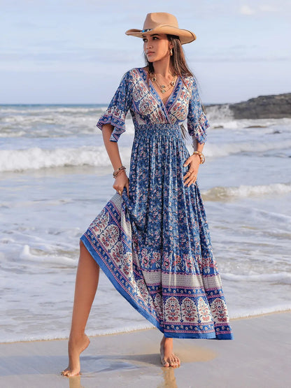 Bohemian Ruched Printed Flounce Sleeve Midi Dress Trendsi