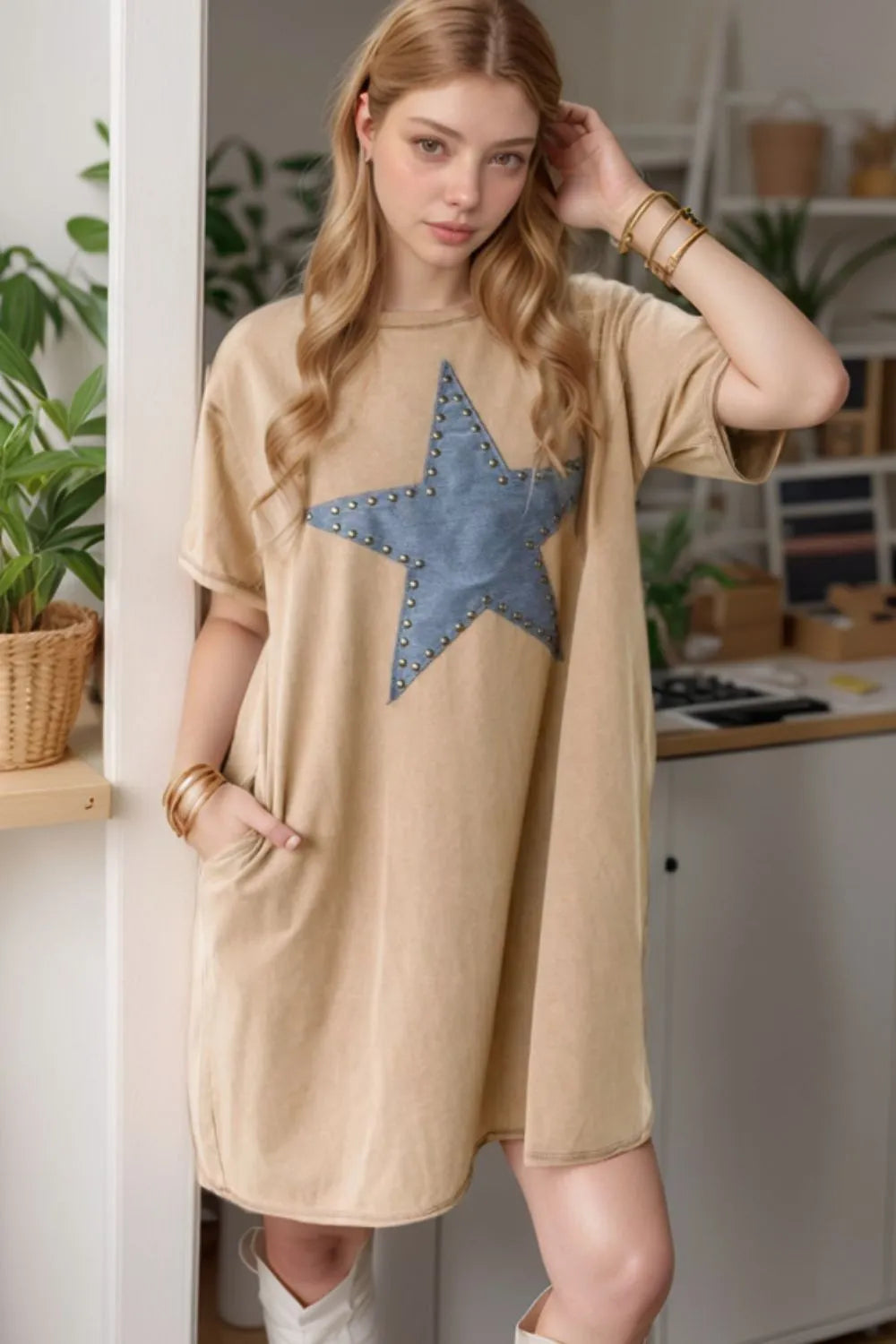 Mineral Wash Stud Beaded Star Pocketed T Shirt Dress  DAME BOHEME