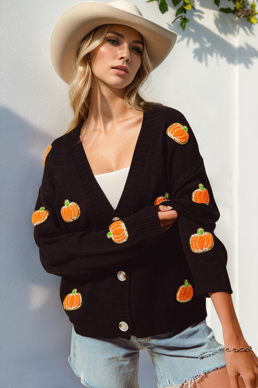 Double Take Full Size Pumpkin Button Up Long Sleeve Cardigan  DAME BOHEME