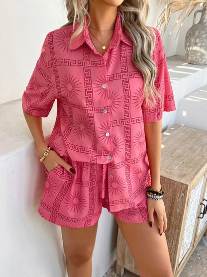 Devine Tropical Print Button-Down Shirt and Shorts Set Trendsi