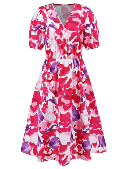 Ruched Roses Surplice Short Sleeve Dress Trendsi