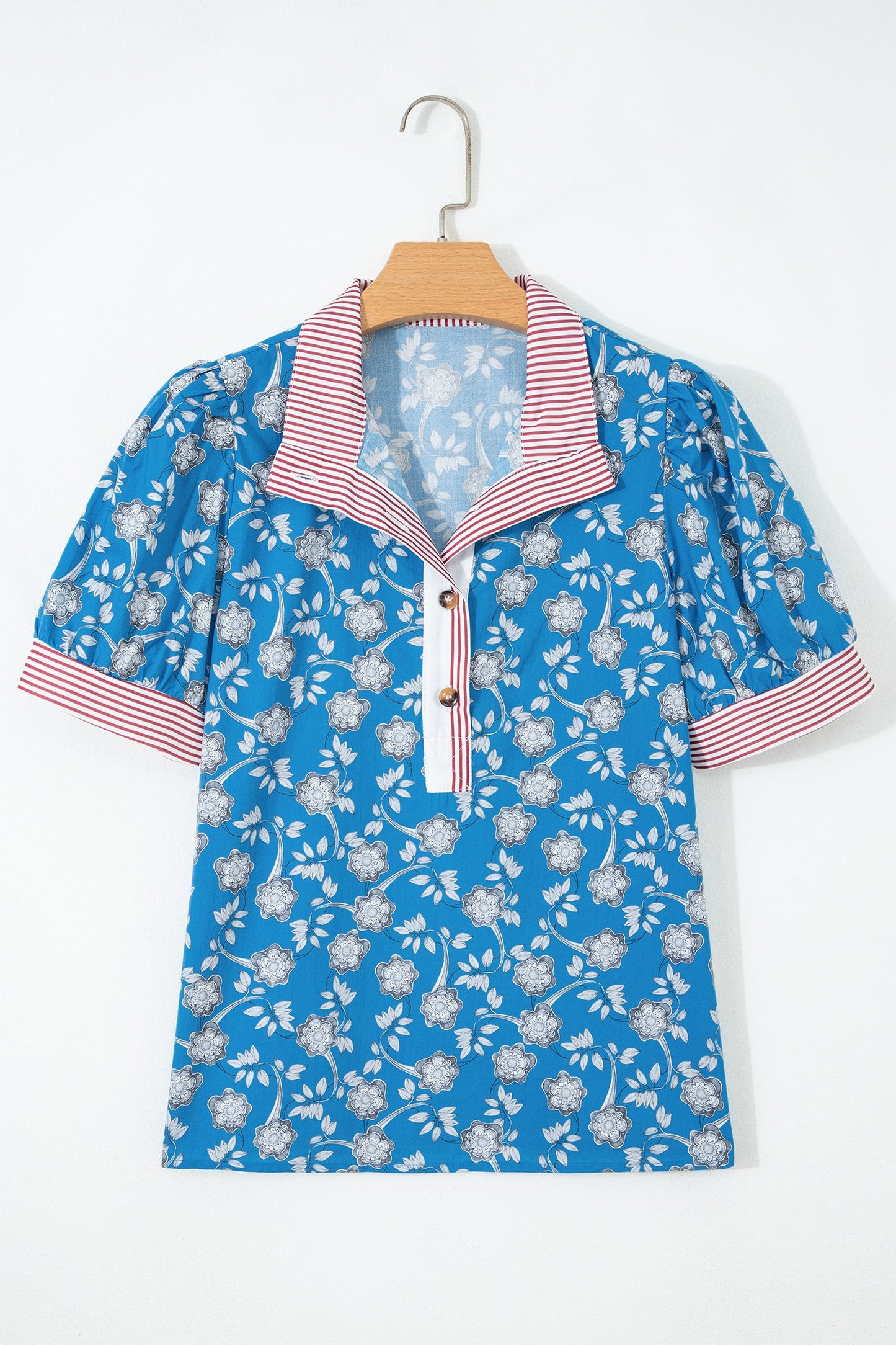 Blue Retro Floral Print Striped Trim Button Neck Short Sleeve Blouse  DAME BOHEME