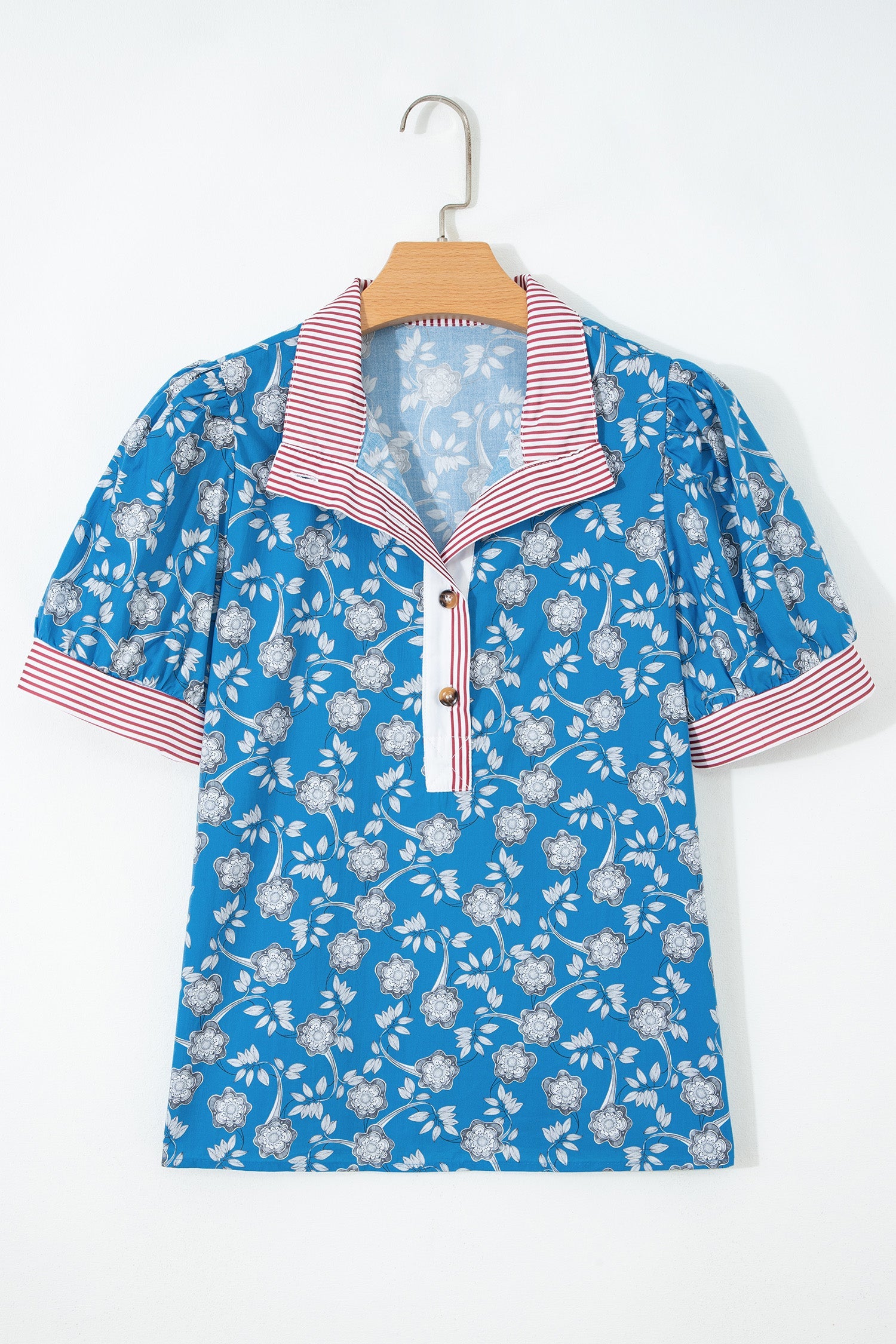 Blue Retro Floral Print Striped Trim Button Neck Short Sleeve Blouse  DAME BOHEME