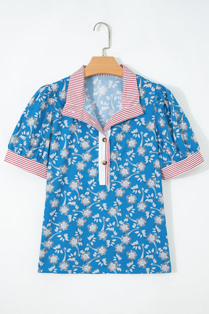 Blue Retro Floral Print Striped Trim Button Neck Short Sleeve Blouse  DAME BOHEME