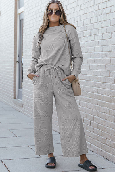 Double Take Full Size Textured Long Sleeve Top and Drawstring Pants Set  DAME BOHEME