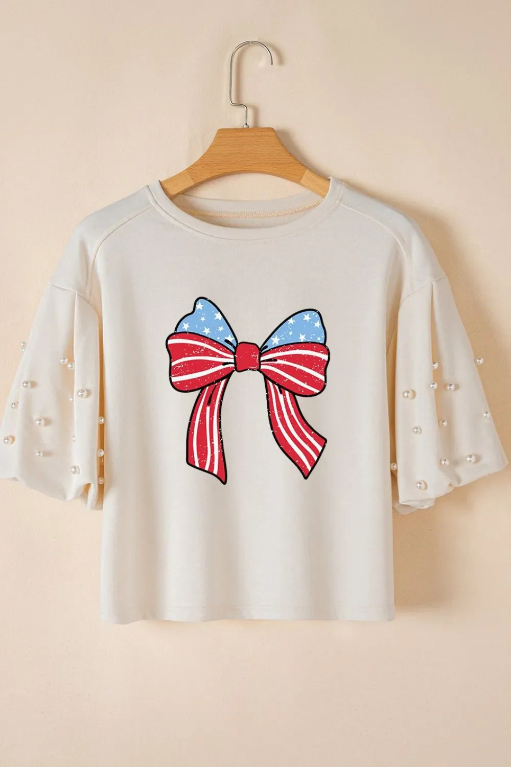 Bowknot Graphic Pearl Puff Half Sleeve T Shirt  DAME BOHEME