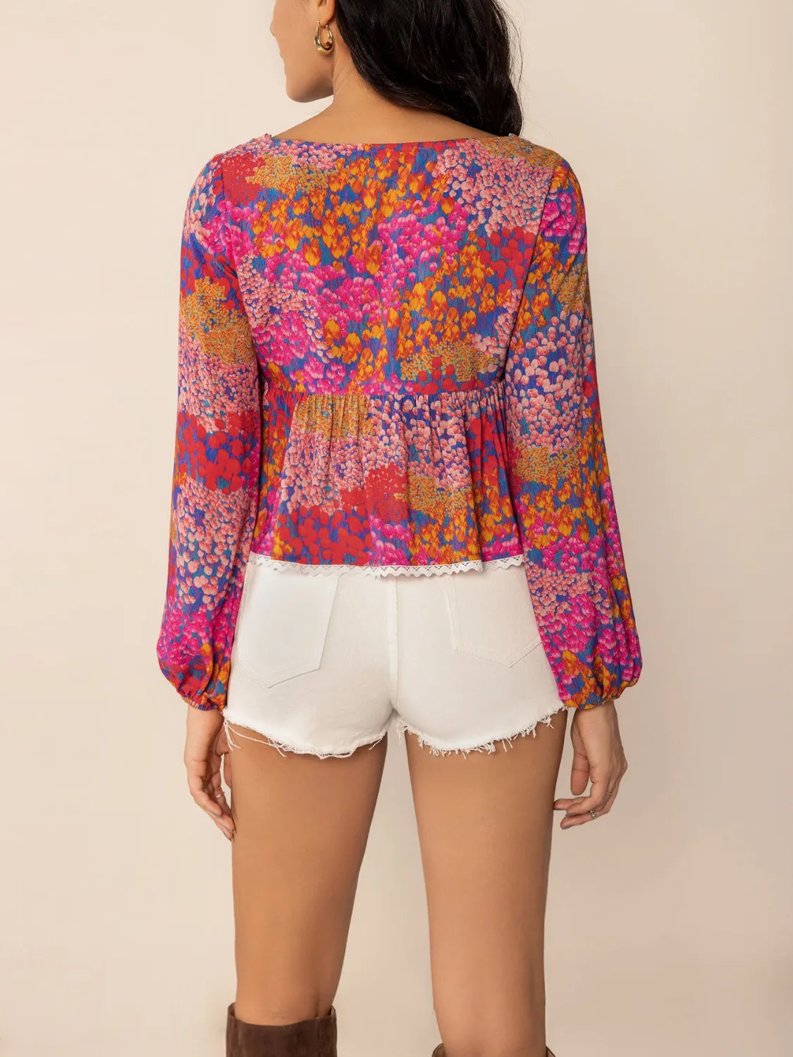 Lace Detail Printed Balloon Sleeve Crop Top Trendsi