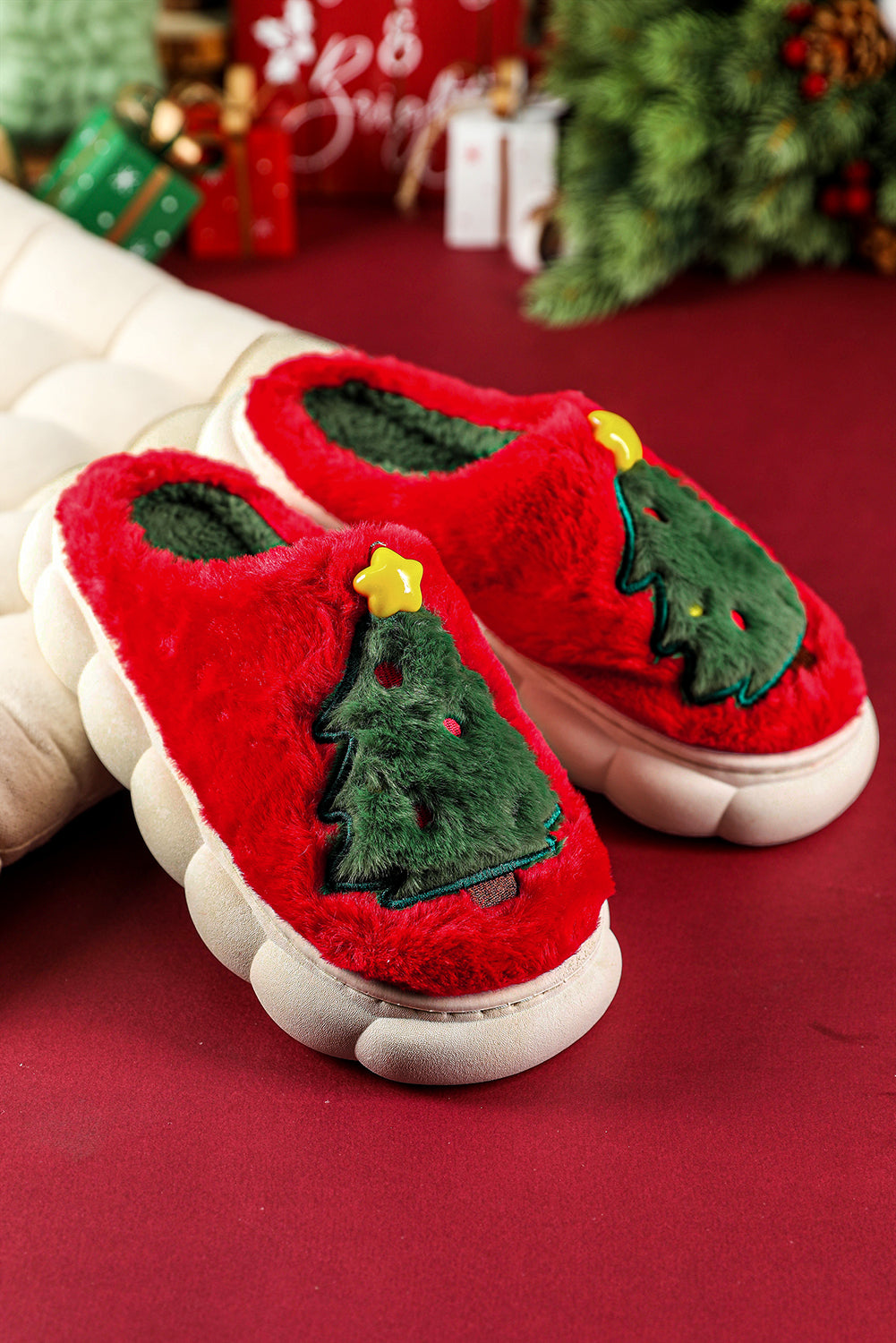 Fiery Red Christmas Tree Graphic Plush Slippers  DAME BOHEME