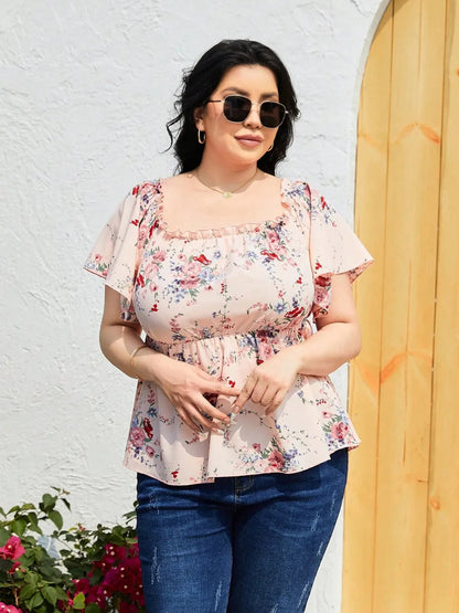 Plus Size Frill Floral Printed Flutter Sleeve Blouse Trendsi