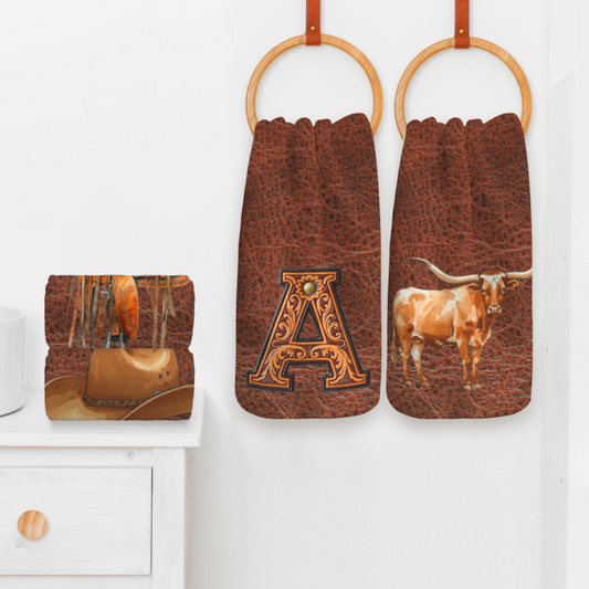 Monogrammed Initial Western Leather Look Saddle Longhorn Cowboy Cowgirl Kitchen Dish Towels Made in America  DAME BOHEME