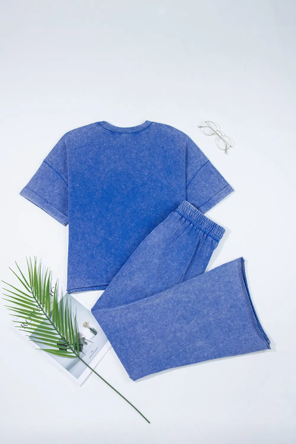 Acid Wash Star Patched Rolled Trim Top and Pants Set  DAME BOHEME