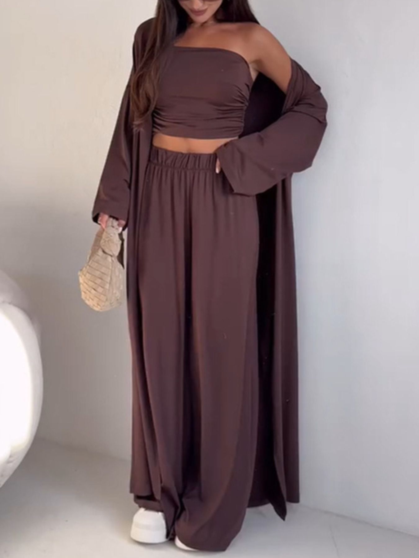 Tube Top, Long Cardigan and Flared Long Pants Three Piece Casual Set  DAME BOHEME