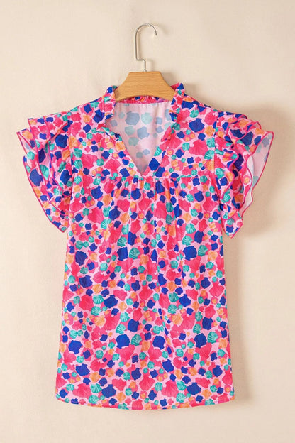Abstract Print Ruffled Sleeve Notched Blouse Simply Love